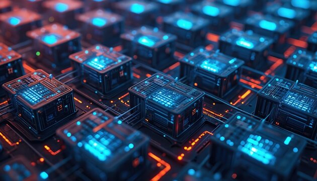 AI powered container orchestration platforms within data center. Futuristic image shows Kubernetes clusters. Automation software manages network, servers, services, solutions, operations,