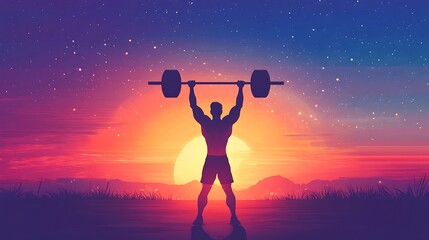 Silhouette of Strength: A muscular silhouette raises a barbell high against a breathtaking sunset backdrop, inspiring viewers with the embodiment of power and determination. 