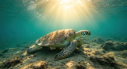 Obraz premium Sea Turtle Swimming Gracefully Under Ocean Sunlight in Turquoise Water