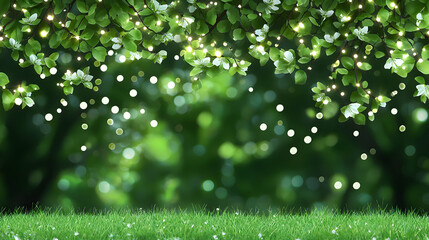 Enchanted Spring Garden: White Blossoms and Glowing Lights