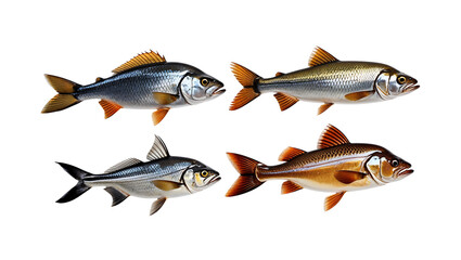 Fototapeta premium Scientific-style fish illustration with two blue-silver and two golden-brown fish, symmetrical square composition on transparent background PNG