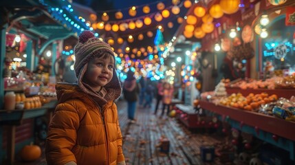 Obraz premium A child in an orange jacket smiles amidst a festive market filled with colorful lights and decorations