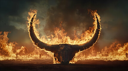 Obraz premium Flaming Bull Skull Surrounded by a Fiery Blaze in Dark Atmosphere