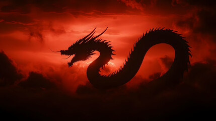 Obraz premium Majestic Dragon Silhouette against Fiery Red Sky with Clouds