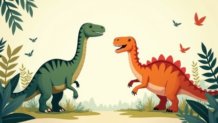 Obraz premium Cute illustration of two dinosaurs, perfect for dinosaur birthday invitations.