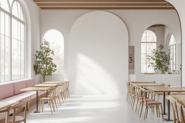 Modern cafe interior, arched windows, sunlight, empty tables, mock-up wall