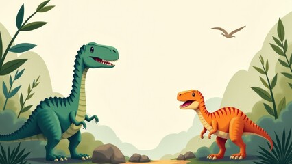 Fototapeta premium Cute dinosaur birthday invitations featuring a green and an orange dinosaur in a lush, prehistoric setting with plants and a flying pterosaur.