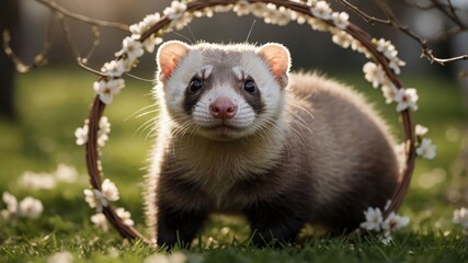 A ferret poses cutely in a floral frame, surrounded by greenery and soft sunlight.