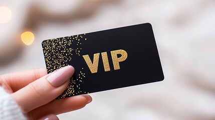 Hand holding black vip card with gold glitter details