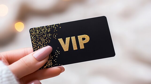 Hand holding black vip card with gold glitter details