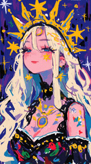 Retro comic style blonde women, starlight, hearts, flowers, blonde hair with bangles, purple or red green background on the Kawaii concept