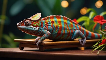 Obraz premium A vibrant chameleon resting on a bamboo platform surrounded by lush plants and flowers.