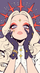 Retro comic style blonde women, starlight, hearts, flowers, blonde hair with bangles, purple or red green background on the Kawaii concept