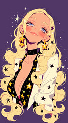 Retro comic style blonde women, starlight, hearts, flowers, blonde hair with bangles, purple or red green background on the Kawaii concept