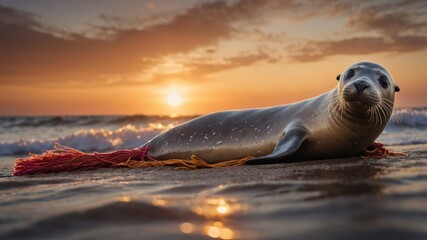 A seal resting on the beach at sunset with waves gently lapping at the shore.
