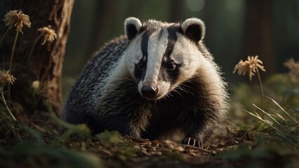 A close-up of a badger in a forest setting, showcasing its features and natural habitat.