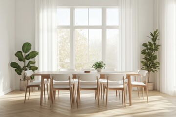 Sunny dining room, wooden table, white chairs, plants, large window, autumn view, home decor
