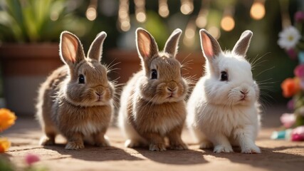 Fototapeta premium Three adorable rabbits sitting together in a sunny garden setting.