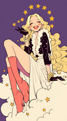 Retro comic style blonde women, starlight, hearts, flowers, blonde hair with bangles, purple or red green background on the Kawaii concept