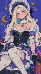 Retro comic style blonde women, starlight, hearts, flowers, blonde hair with bangles, purple or red green background on the Kawaii concept