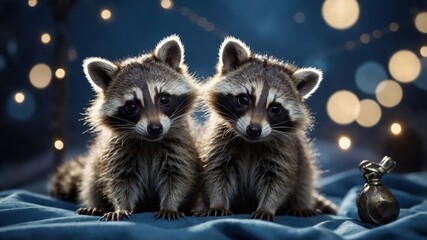 Obraz premium Two adorable raccoons sitting together with a small bag, set against a soft, illuminated background.