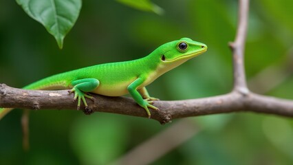 Fototapeta premium An emerald swift lizard perched on a branch in a lush green environment.