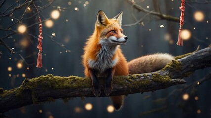 Fototapeta premium A serene fox resting on a mossy branch, surrounded by glowing orbs in a mystical forest.