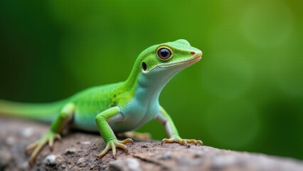 Obraz premium Szybka jaszczurka o jaskrawozielonych łuskach i niebieskim podbrzuszu siedzi na gałęzi na rozmytym zielonym tle.