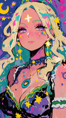 Retro comic style blonde women, starlight, hearts, flowers, blonde hair with bangles, purple or red green background on the Kawaii concept