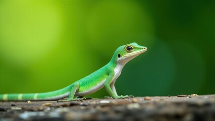 Fototapeta premium An emerald swift lizard with vibrant green and white scales is perched on a surface against a blurred green background.