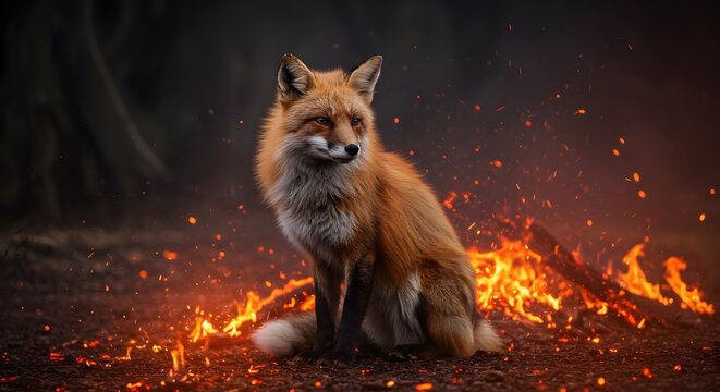 Majestic Red Fox Amidst Fiery Embers: A Breathtaking Wildlife Scene - Powered by Adobe