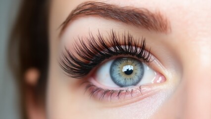 Obraz premium Close-up of an eye with eyelash extensions for volume, showcasing long, thick lashes and a well-defined eyebrow.