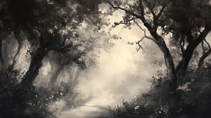 Fototapeta premium A quiet, misty forest scene in monochrome, with fading trees creating a soft and tranquil effect.