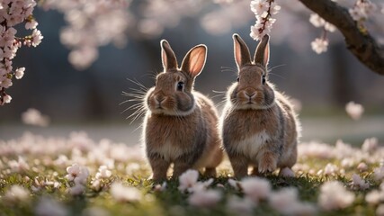 Obraz premium Two rabbits amidst blooming flowers in a serene, sunlit setting.