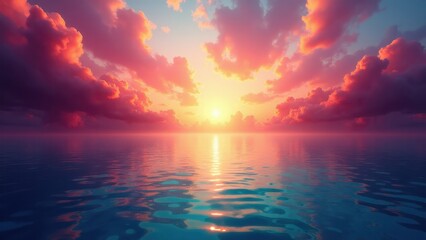Obraz premium A stunning sunset over a calm ocean, with vibrant pink and orange clouds reflecting on the water, creating a serene and picturesque scene.