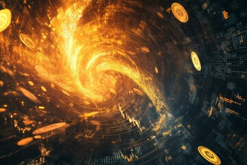 Fototapeta premium A surreal financial landscape where floating dollar symbols, fluctuating graphs, and golden coins merge into a swirling vortex of digital data streams.
