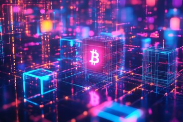Fototapeta premium An abstract representation of cryptocurrency and blockchain finance, with neon-colored interconnected cubes and a glowing Bitcoin symbol in a cyberpunk-style digital world.