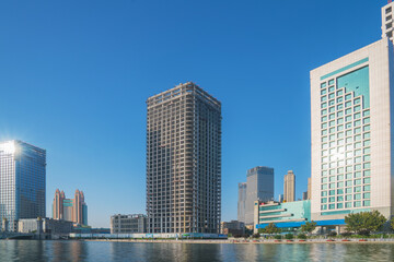 Fototapeta premium The urban architectural skyline, modern bridges, and Haihe River scenery of Tianjin, China on August 11, 2024