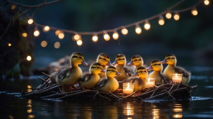 A group of ducklings gathered around candles on a floating nest, illuminated by string lights.
