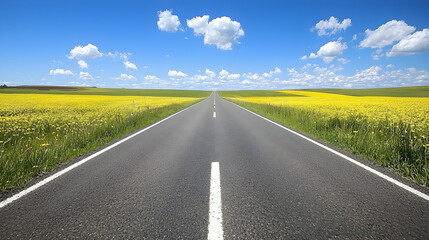 Asphalt Road Through Vibrant Yellow Flower Field Under Sunny Blue Sky