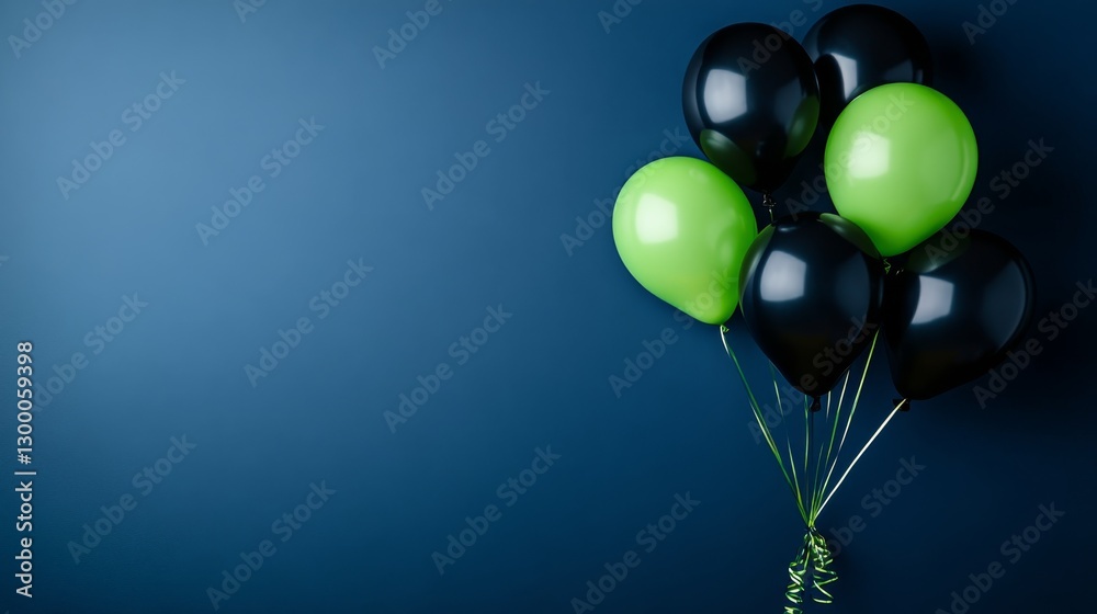Aufkleber Close-up view of glossy green and black balloons reflecting soft light, arranged together with ample copy space on the left for text or design
