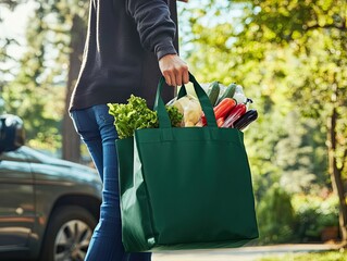 Woman carrying reusable grocery bag with fresh produce after shopping