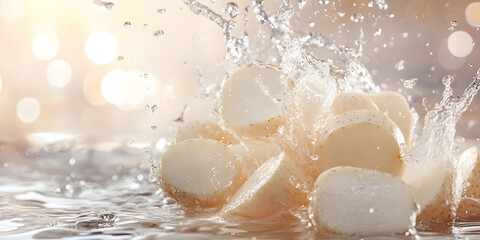 Fresh and Crunchy White Root Vegetables Sliced and Captured in a Dynamic Water Splash for a Crisp and Refreshing Aesthetic

