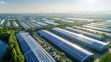 Sustainable Industrial Complex with Solar Panels and Wind Turbines
