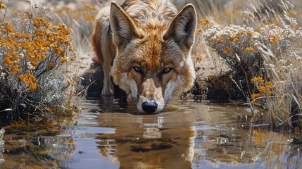 A close-up of a coyote drinking from a serene water source surrounded by vibrant wildflowers