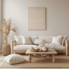 Scandinavian farmhouse style beige living room interior with natural wooden furniture. Mock up wall background. 3d render illustration.