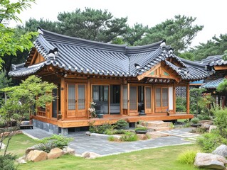 Fototapeta premium Korean traditional house with a tiled roof in a garden