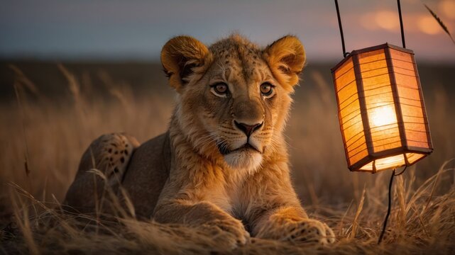 A lion cub resting beside a glowing lantern in a serene grassland at dusk.