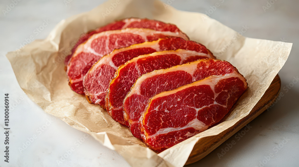 Poster beautifully arranged selection of raw bacon slices on parchment paper, showcasing marbled textures a