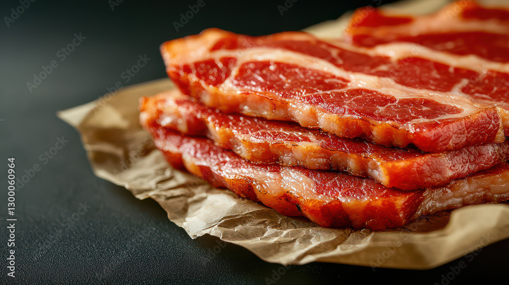 Poster beautifully arranged selection of raw bacon slices on brown paper, showcasing marbled texture and ri